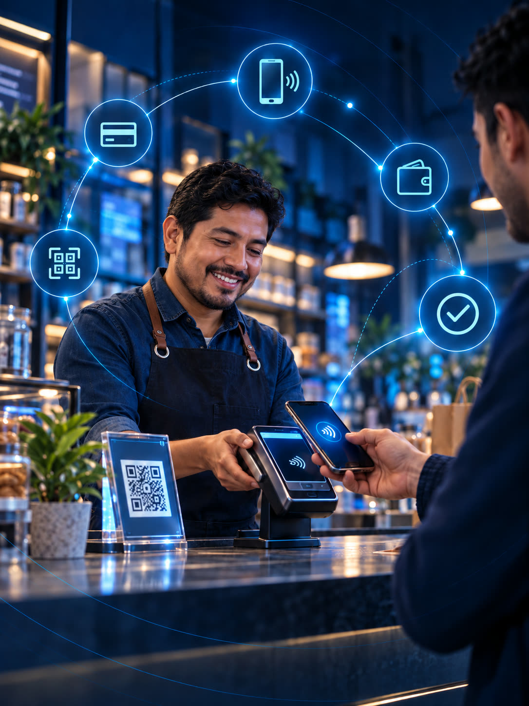 Técnico instala un terminal POS y explica su uso al comerciante en el mostrador.